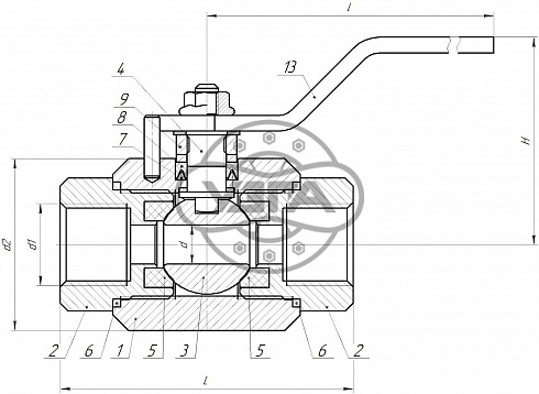 Кран шаровой разборный трехсоставной муфтовый Dn32 Pn100 09Г2С 11лс45п